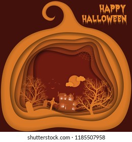 Halloween night background with pumpkin, hounted house and moon. Paper art, carving style. Flyer or invitation template.