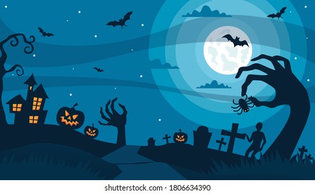 Halloween night background with pumpkin, house and full moon.  horror ghost and bat, witch, spider and skull, creepy skeleton and haunted house festive banner design