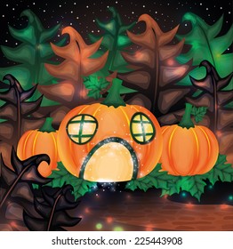 Halloween night background with pumpkin house, vector illustration