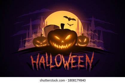 Halloween night background with pumpkin and moon