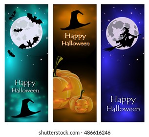 Halloween night background with pumpkin and moon and witch
