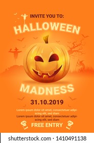Halloween night background with pumpkin. Halloween party. Vector illustration.