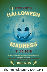 Halloween night background with pumpkin. Halloween party. Vector illustration.