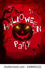 Halloween night background with pumpkin. Halloween party. Vector illustration.