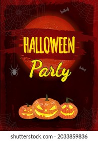Halloween night background with pumpkin and red full moon. Flyer or invitation template for Halloween party. Vector illustration. 