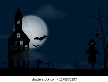 Halloween night background with pumpkin scarecrow, haunted house and full moon illustration vector 