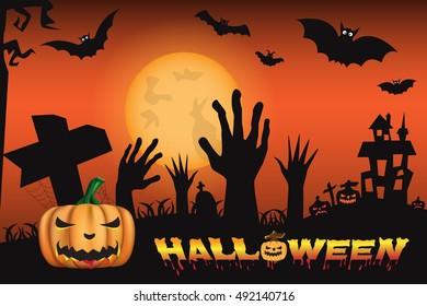 Halloween night background with pumpkin scary and zombie hands coming up out of the ground in front of a full moon. vector illustration.