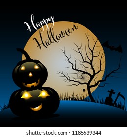 Halloween night background with pumpkin, tree carcass and full moon - vector illustration