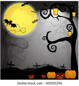 Halloween night background with pumpkin, tree and full moon.