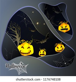 Halloween night background with pumpkins, bat, and spider web.