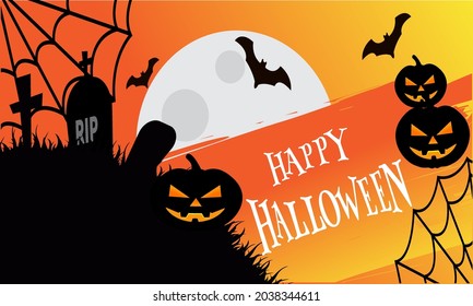 Halloween night background, pumpkins, bat, tree, moon and dark castle. Happy Halloween banner or party invitation background vector illustration.