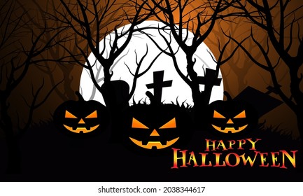 Halloween night background, pumpkins, bat, tree, moon and dark castle. Happy Halloween banner or party invitation background vector illustration.