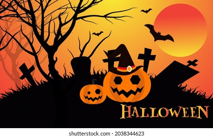 Halloween night background, pumpkins, bat, tree, moon and dark castle. Happy Halloween banner or party invitation background vector illustration.