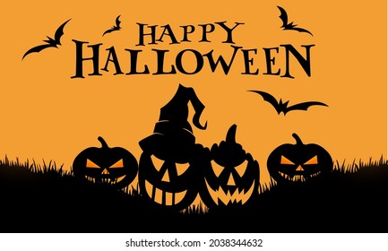 Halloween night background, pumpkins, bat, tree, moon and dark castle. Happy Halloween banner or party invitation background vector illustration.