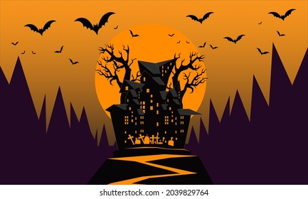 Halloween night background, pumpkins, bat, tree, moon and dark castle. Happy Halloween banner or party invitation background vector illustration.