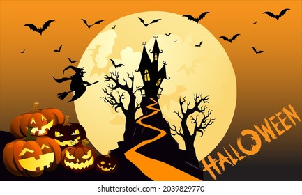 Halloween night background, pumpkins, bat, tree, moon and dark castle. Happy Halloween banner or party invitation background vector illustration.