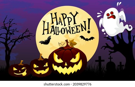 Halloween night background, pumpkins, bat, tree, moon and dark castle. Happy Halloween banner or party invitation background vector illustration.