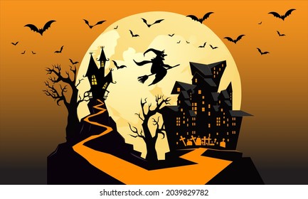 Halloween night background, pumpkins, bat, tree, moon and dark castle. Happy Halloween banner or party invitation background vector illustration.