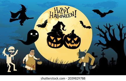 Halloween night background, pumpkins, bat, tree, moon and dark castle. Happy Halloween banner or party invitation background vector illustration.