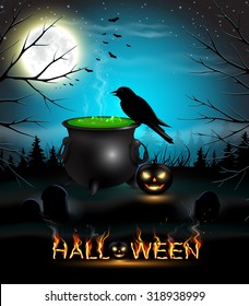 Halloween night background with pumpkins, bats, pot, trees and full moon.