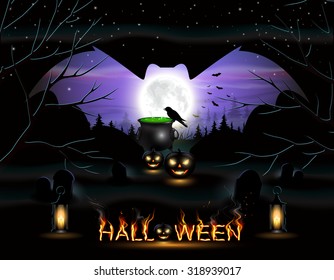 Halloween night background with pumpkins, bats, lanterns, trees and full moon.