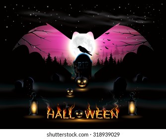 Halloween night background with pumpkins, bats, lanterns, trees and full moon.