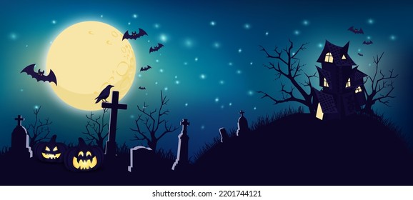 Halloween night background with pumpkins, castle, bats and full moon. Vector illustration.