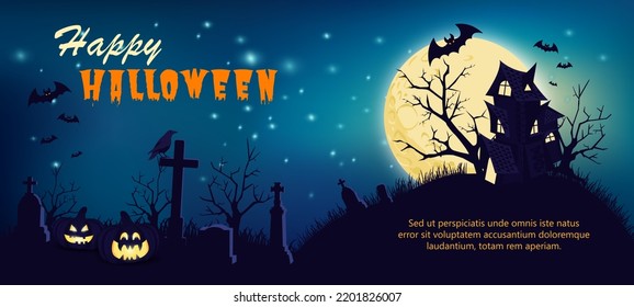 Halloween night background with pumpkins, castle, bats and full moon. Happy Halloween greeting banner, greeting card. Vector illustration.