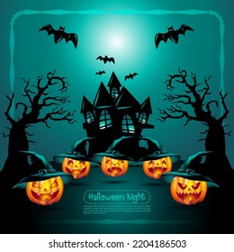 Halloween night background with pumpkins, castle and moon