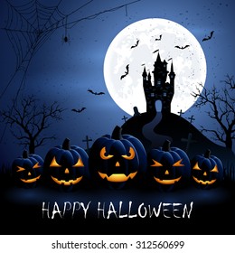 Halloween night background with pumpkins and castle, illustration.