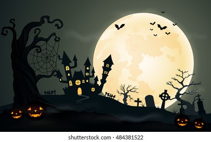 Halloween night background with pumpkins castle and full moon