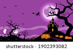 Halloween night background, pumpkins and dark castle. vector illustration.