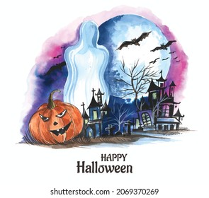 Halloween night background pumpkins and dark castle design