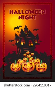 Halloween night background, pumpkins and dark castle. vector illustration.