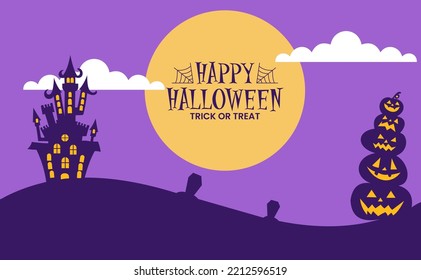 Halloween night background, pumpkins and dark castle. vector illustration.