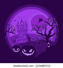 Halloween night background, pumpkins and dark castle. Halloween poster purple.