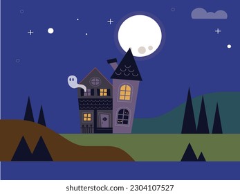 Halloween night background, pumpkins and dark castle. vector illustration.