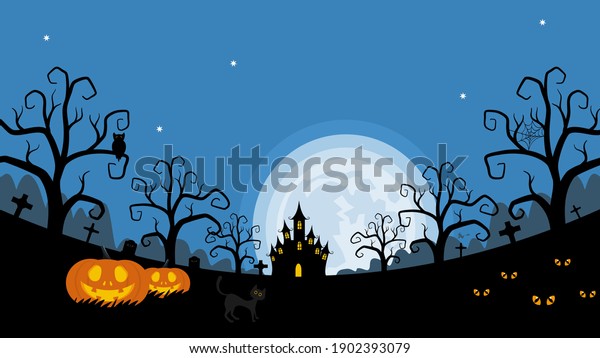 Halloween night background, pumpkins and\
dark castle. vector\
illustration.