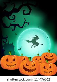 Halloween night background with pumpkins, dead tree branches and witch flying on broom stick. EPS 10.
