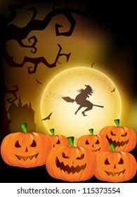 Halloween night background with pumpkins, dead tree branches and witch flying on broom stick. EPS 10.