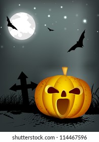 Halloween night background with pumpkins and flying bats. EPS 10.