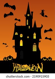 Halloween night background, pumpkins, flying witch, bats, and a dark castle. Vector illustration.