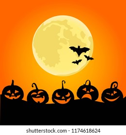 Halloween night background with pumpkins and the full moon