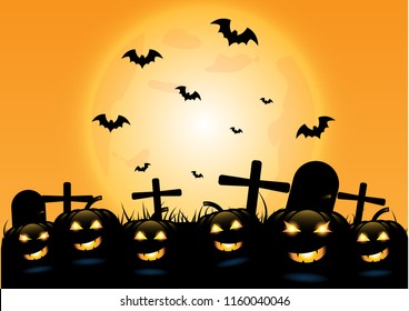 Halloween night background with pumpkins, graves and the full moon ,vector