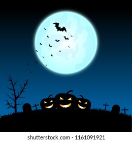 Halloween night background with pumpkins, graves and the full moon ,vector

