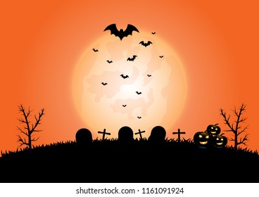 Halloween night background with pumpkins, graves and the full moon ,vector