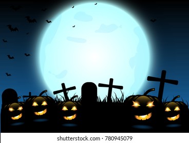 Halloween night background with pumpkins, graves and the full moon ,vector