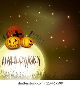 Halloween night background with pumpkins and gravestone. EPS 10.