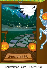 Halloween night background with pumpkins on porch and  witch silhouette
