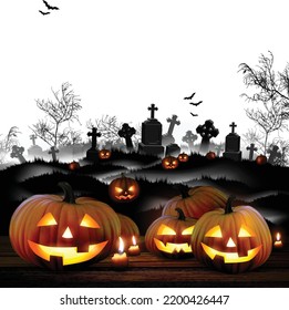 Halloween night  background with pumpkins on a cemetery. High detailed realistic illustration